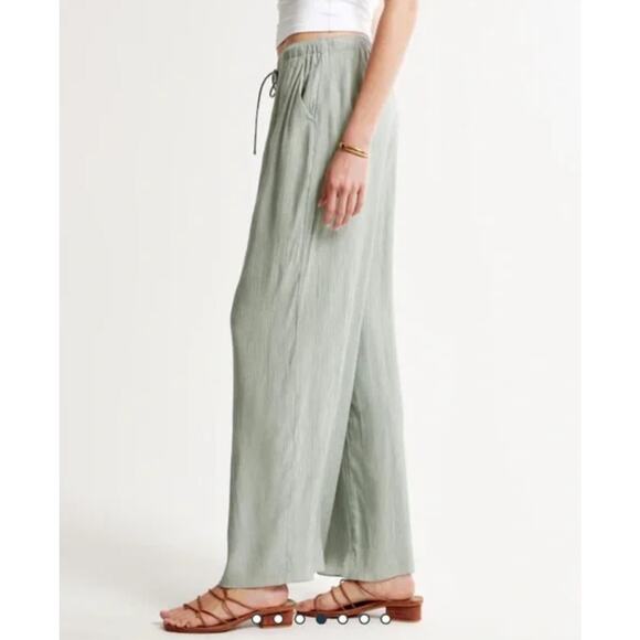 NWT Abercrombie & Fitch Crinkle Textured Pull-On Wide Leg Pant Medium Tall Green - Picture 9 of 9